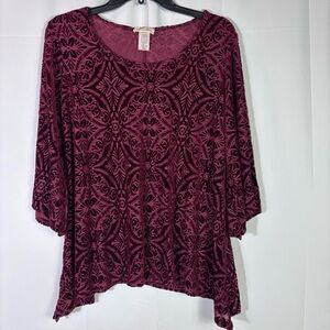 Brittany Black Burgundy Velvet Burnout Top XL Boho Artsy Style